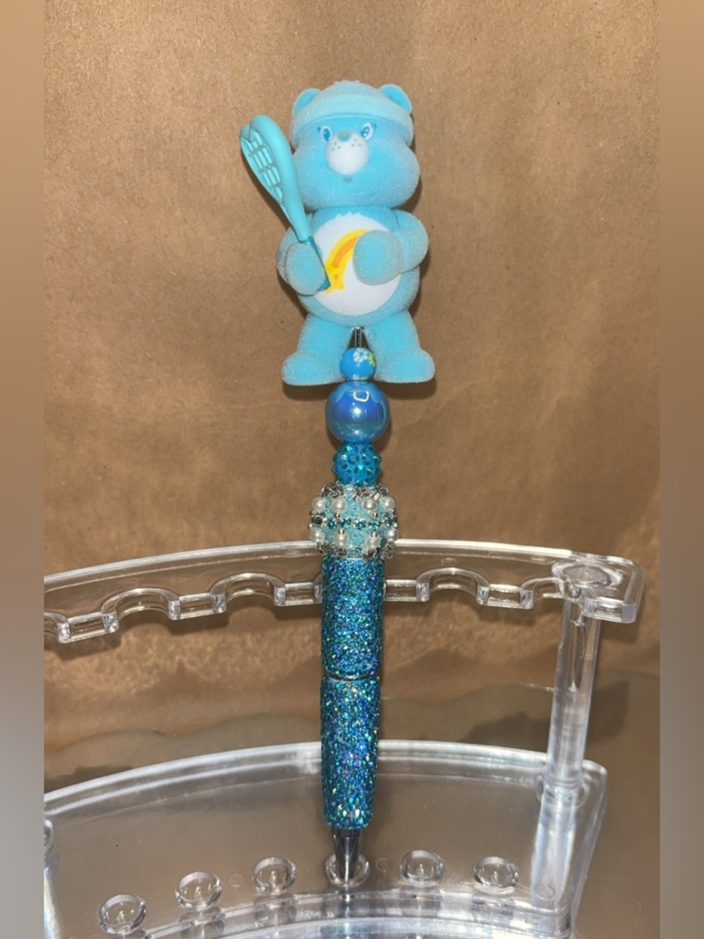 Blue Glitter Beaded Pen with CareBear